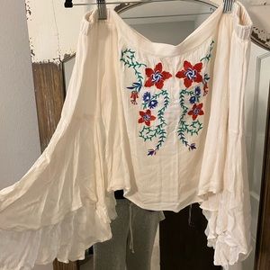 Off shoulder, gauze, embroidered white womens top